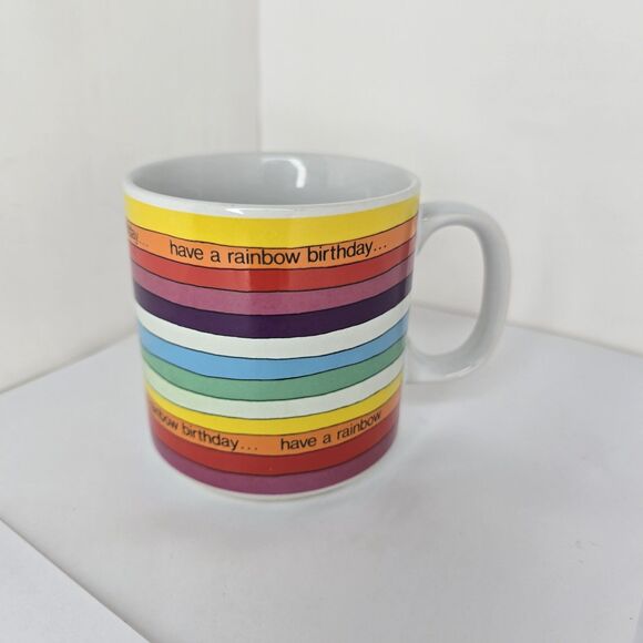 Russ Berrie Have A Rainbow Birthday Striped Coffee Mug Vintage Multicolor Korea - Picture 1 of 8